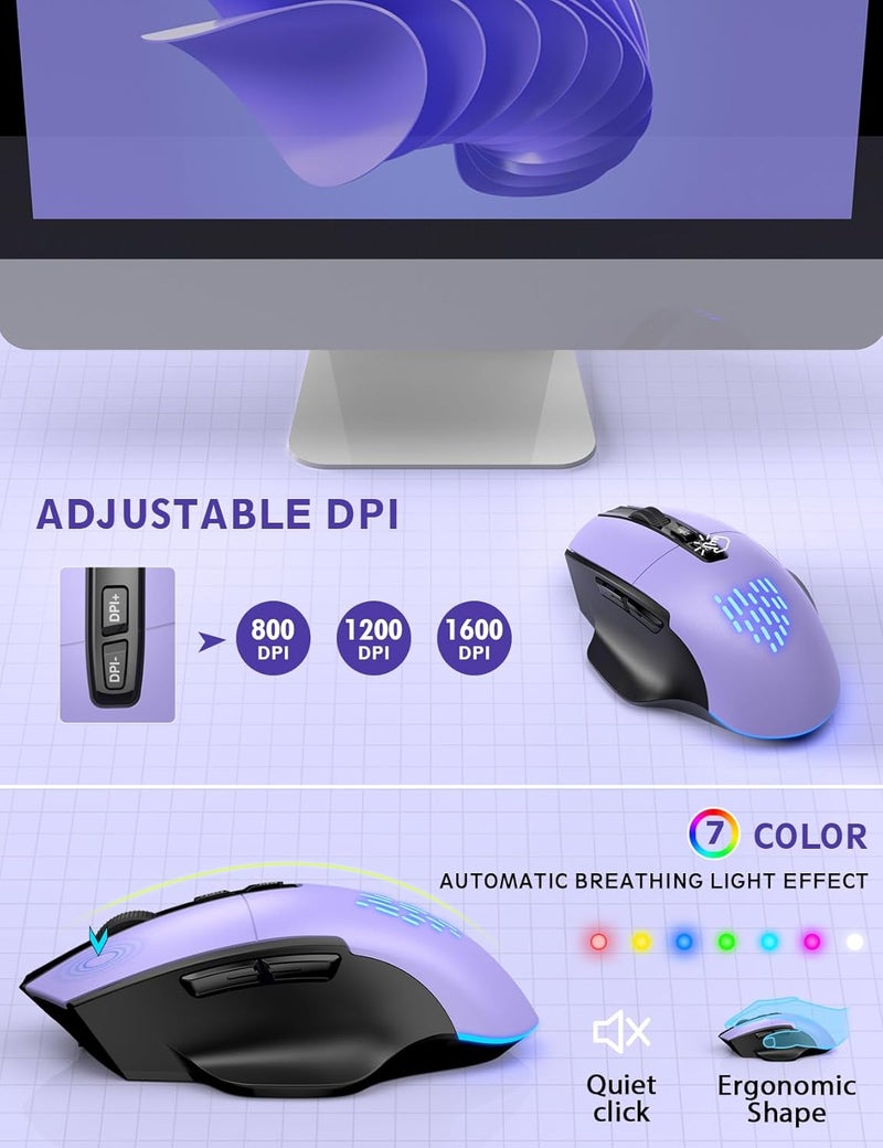 SABLUTE Wireless Keyboard and Mouse Backlits, Wrist Rest, LED Mouse, Rechargeable Ergonomic Keyboard with Phone Holder, Silent Light Up Combo for Computer, Mac, PC, Laptop, Chromebook (Purple) - Image 4